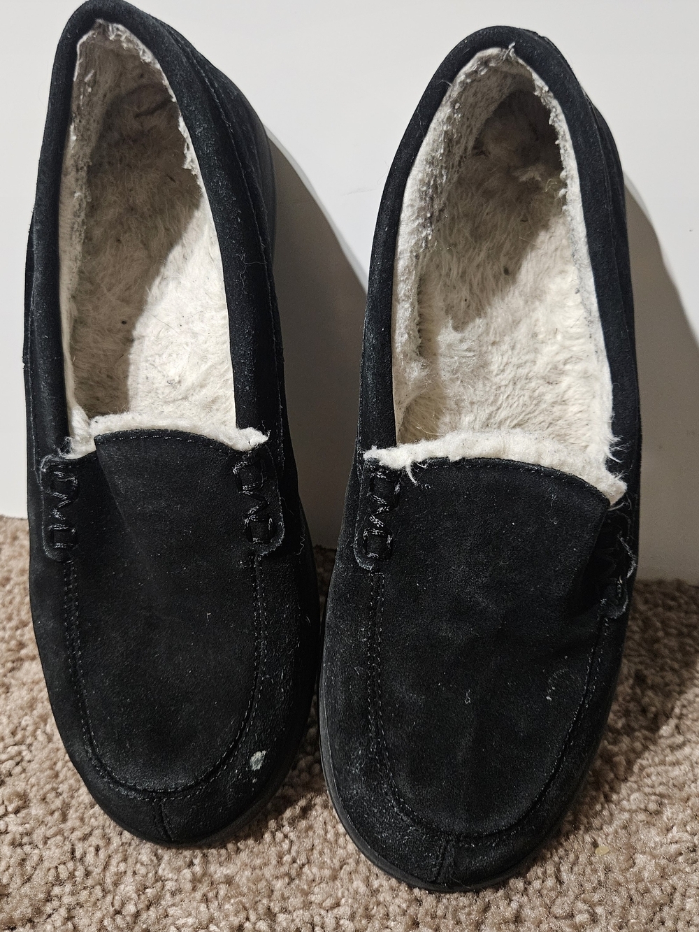 Vionic Black Suede Slip-On Moccasins with Cream Faux Fur Lining